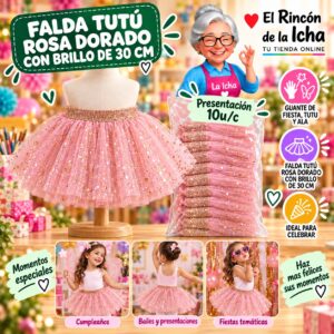 RI-0010408 Falda Tutú Rosa Dorado Con Brillo De 30 Cm Feliz
