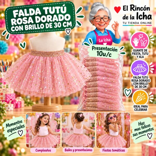 RI-0010408 Falda Tutú Rosa Dorado Con Brillo De 30 Cm Feliz