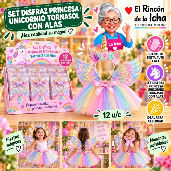 Set Disfraz Princesa Unicornio Tornasol Con Alas Feliz