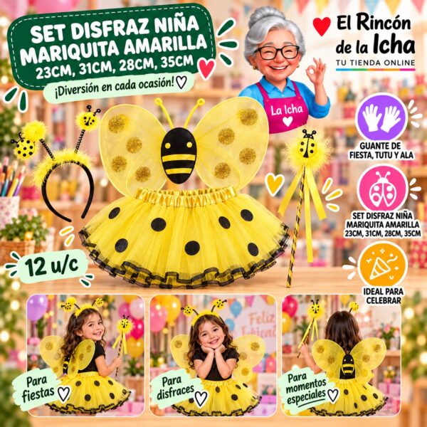 Set Disfraz Niña Mariquita Amarilla 23cm, 31cm, 28cm, 35cm Feliz