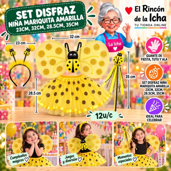 Set Disfraz Niña Mariquita Amarilla 23cm, 32cm, 28.5cm, 35cm Feliz