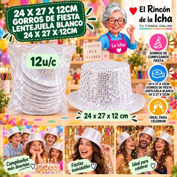 RI-0010456 24 X 27 X 12cm Gorros De Fiesta Lentejuela Blanco 24 X 27 X 12cm Feliz Ref. 613981