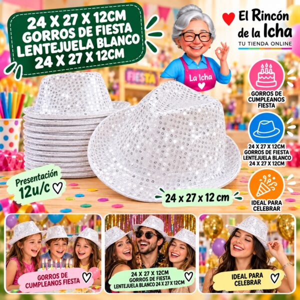 RI-0010464 24 X 27 X 12cm Gorros De Fiesta Lentejuela Blanco 24 X 27 X 12cm Feliz Ref. 840139