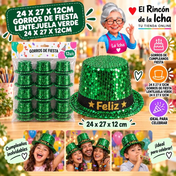 RI-0010467 24 X 27 X 12cm Gorros De Fiesta Lentejuela Verde 24 X 27 X 12cm Feliz Ref. 840142