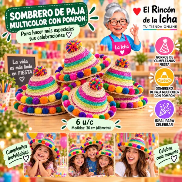 Sombrero De Paja Multicolor Con Pompon Feliz