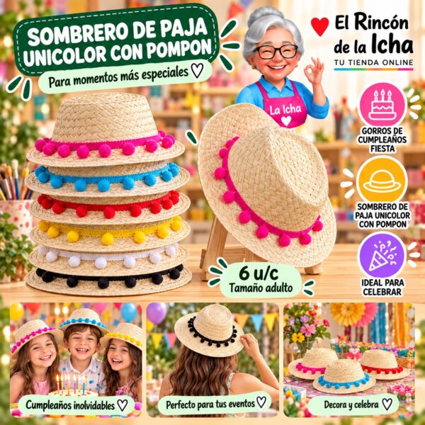 Sombrero De Paja Unicolor Con Pompon Feliz