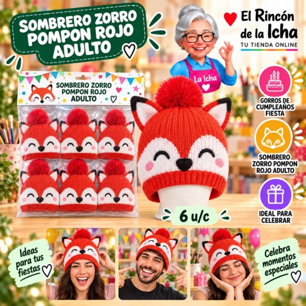 Sombrero Zorro Pompon Rojo Adulto Feliz