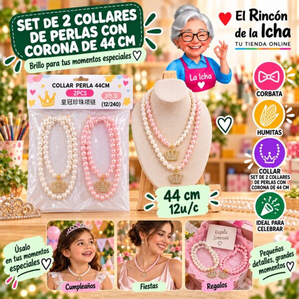 RI-0010502 Set De 2 Collares De Perlas Con Corona De 44 Cm Feliz