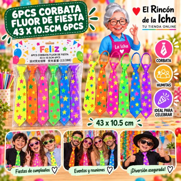 RI-0010517 6pcs Corbata Fluor De Fiesta 43 X 10.5cm 6pcs Feliz Ref. 840562