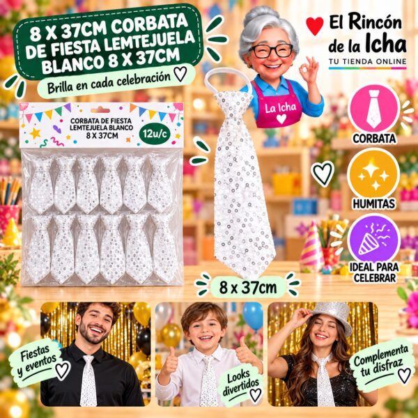 RI-0010537 8 X 37cm Corbata De Fiesta Lemtejuela Blanco 8 X 37cm Feliz