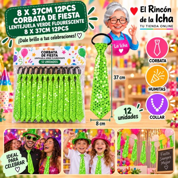 8 X 37cm 12pcs Corbata De Fiesta Lentejuela Verde Flourescente 8 X 37cm 12pcs Feliz