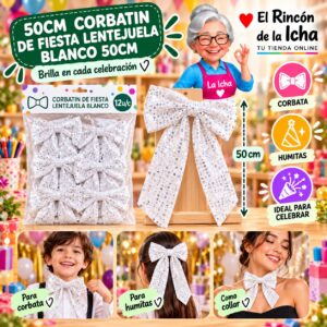 RI-0010549 50cm Corbatin De Fiesta Lentejuela Blanco 50cm Feliz