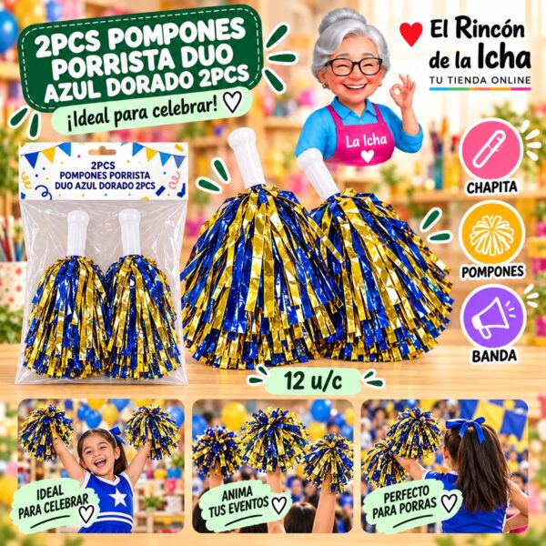 RI-0010658 2pcs Pompones Porrista Duo Azul Dorado 2pcs Feliz