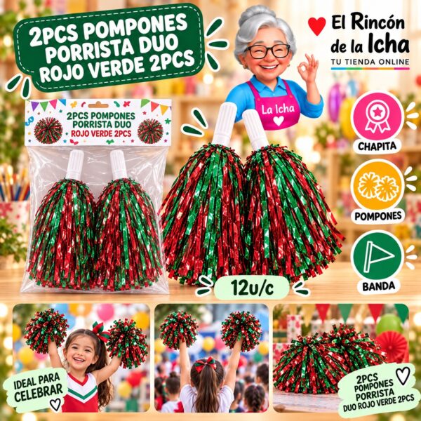 RI-0010659 2pcs Pompones Porrista Duo Rojo Verde 2pcs Feliz