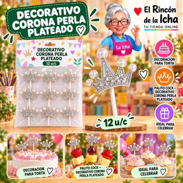Decorativo Corona Perla Plateado Feliz Ref. 840626