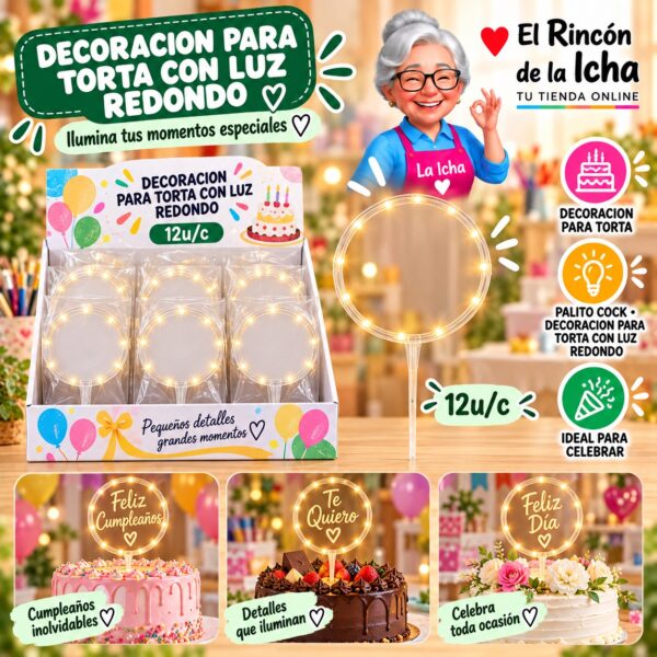 Decoracion Para Torta Con Luz Redondo Feliz