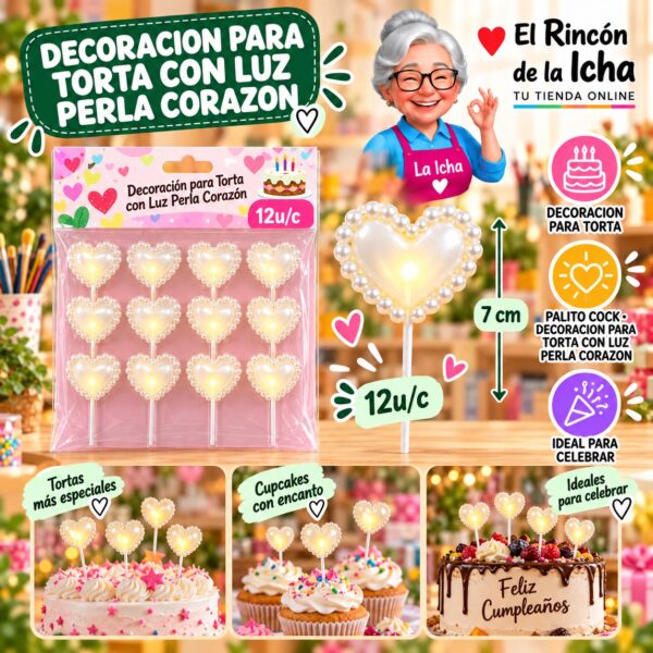 Decoracion Para Torta Con Luz Perla Corazon Feliz