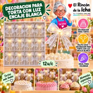 RI-0010680 Decoracion Para Torta Con Luz Encaje Blanca Feliz