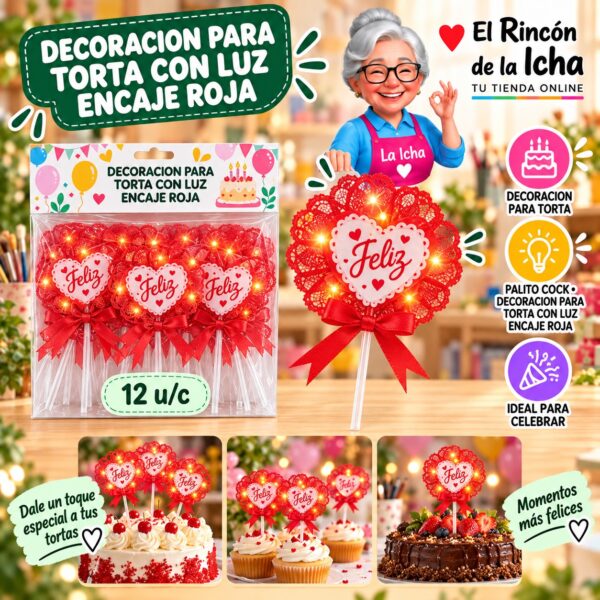 Decoracion Para Torta Con Luz Encaje Roja Feliz