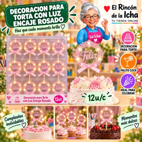 Decoracion Para Torta Con Luz Encaje Rosado Feliz