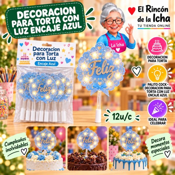 Decoracion Para Torta Con Luz Encaje Azul Feliz