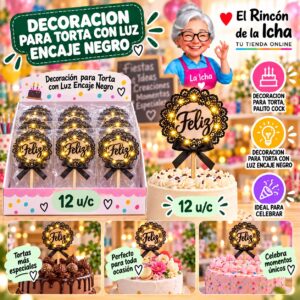 RI-0010685 Decoracion Para Torta Con Luz Encaje Negro Feliz