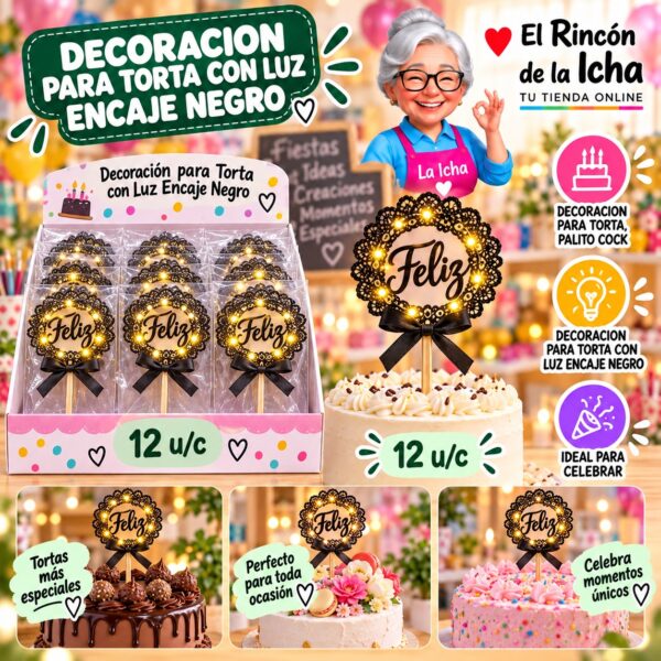 RI-0010685 Decoracion Para Torta Con Luz Encaje Negro Feliz