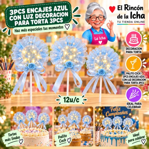 RI-0010686 3pcs Encajes Azul Con Luz Decoracion Para Torta 3pcs Feliz