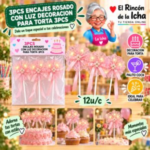 RI-0010687 3pcs Encajes Rosado Con Luz Decoracion Para Torta 3pcs Feliz