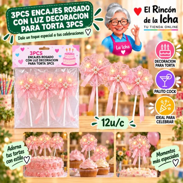 RI-0010687 3pcs Encajes Rosado Con Luz Decoracion Para Torta 3pcs Feliz