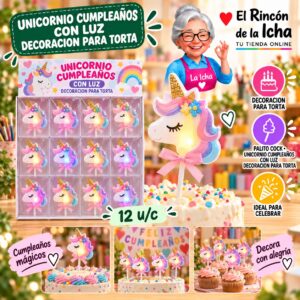RI-0010689 Unicornio Cumpleanos Con Luz Decoracion Para Torta Feliz