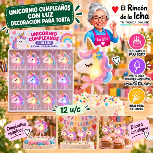 RI-0010689 Unicornio Cumpleanos Con Luz Decoracion Para Torta Feliz