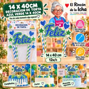 RI-0010708 14 X 40cm Decoracion De Torta Azul Verde 14 X 40cm Feliz