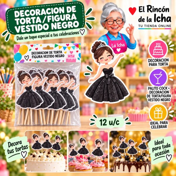 Decoracion De Torta/Mujer Vestido Negro Feliz