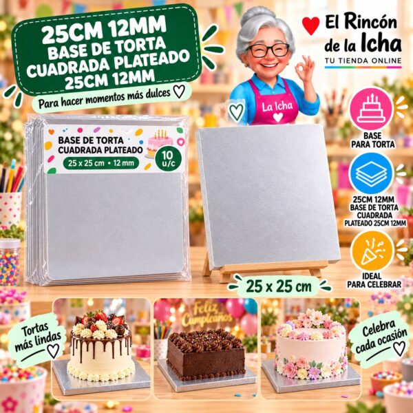 RI-0010746 25cm 12mm Base De Torta Cuadrada Plateado 25cm 12mm Feliz