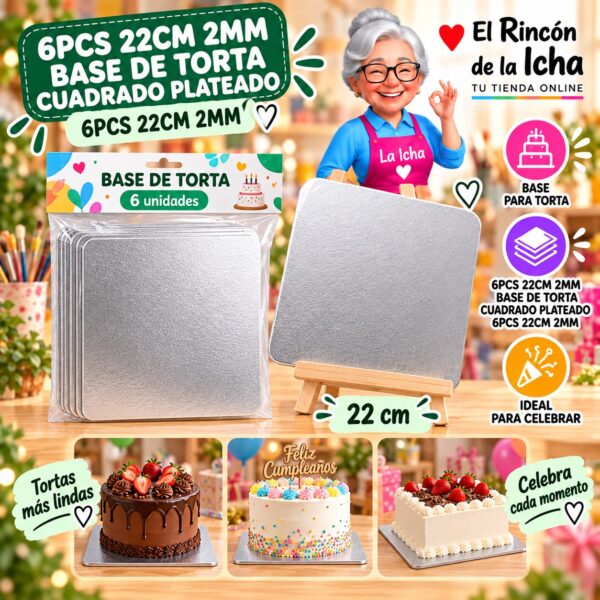 RI-0010748 6pcs 22cm 2mm Base De Torta Cuadrado Plateado 6pcs 22cm 2mm Feliz