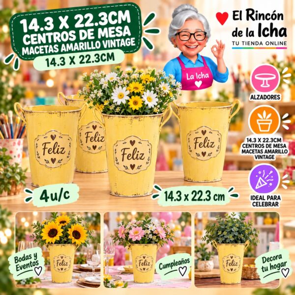 14.3 X 22.3cm Centros De Mesa Macetas Amarillo Vintage 14.3 X 22.3cm Feliz