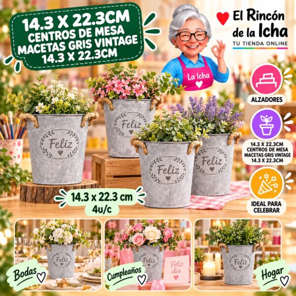 14.3 X 22.3cm Centros De Mesa Macetas Gris Vintage 14.3 X 22.3cm Feliz