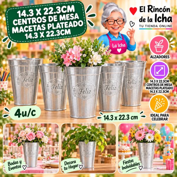 14.3 X 22.3cm Centros De Mesa Macetas Plateado 14.3 X 22.3cm Feliz