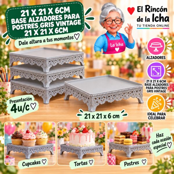 RI-0010928 21 X 21 X 6cm Base Alzadores Para Postres Gris Vintage 21 X 21 X 6cm Feliz
