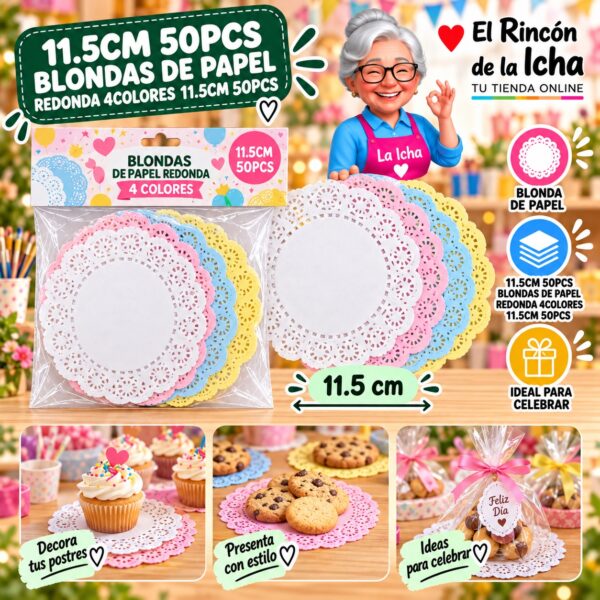 RI-0010970 11.5cm 50pcs Blondas De Papel Redonda 4colores 11.5cm 50pcs Feliz