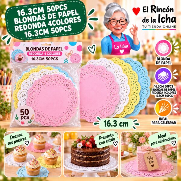 RI-0010971 16.3cm 50pcs Blondas De Papel Redonda 4colores 16.3cm 50pcs Feliz
