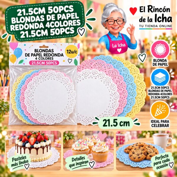 RI-0010972 21.5cm 50pcs Blondas De Papel Redonda 4colores 21.5cm 50pcs Feliz