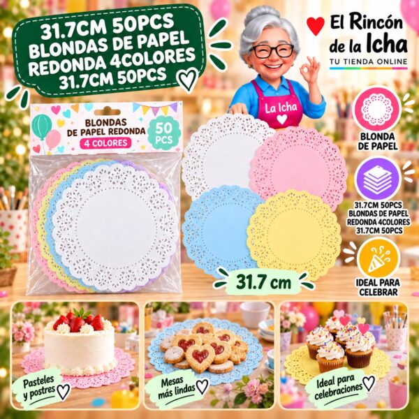 RI-0010974 31.7cm 50pcs Blondas De Papel Redonda 4colores 31.7cm 50pcs Feliz
