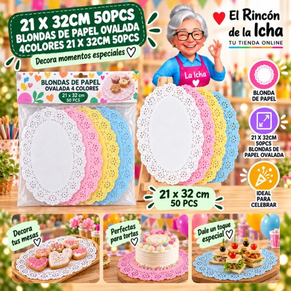 RI-0010978 21 X 32cm 50pcs Blondas De Papel Ovalada 4colores 21 X 32cm 50pcs Feliz