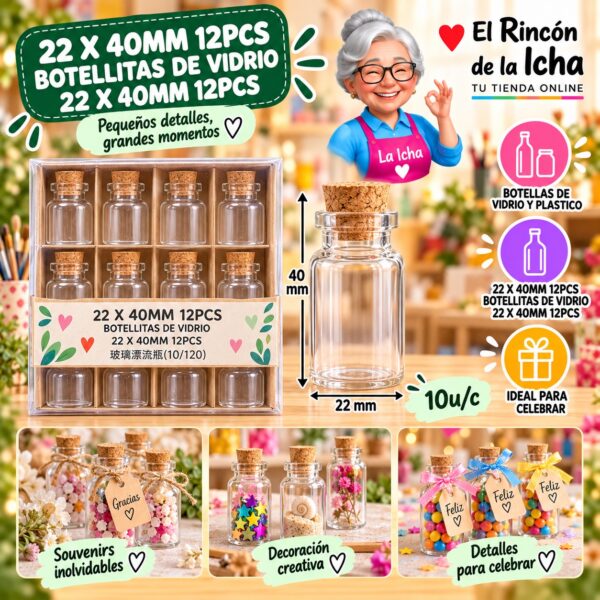 RI-0010985 22 X 40mm 12pcs Botellitas De Vidrio 22 X 40mm 12pcs Feliz