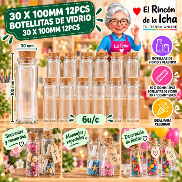 RI-0010990 30 X 100mm 12pcs Botellitas De Vidrio 30 X 100mm 12pcs Feliz