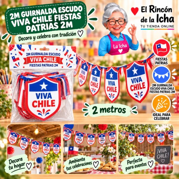RI-0011081 2m Guirnalda Escudo Viva Chile Fiestas Patrias 2m Feliz