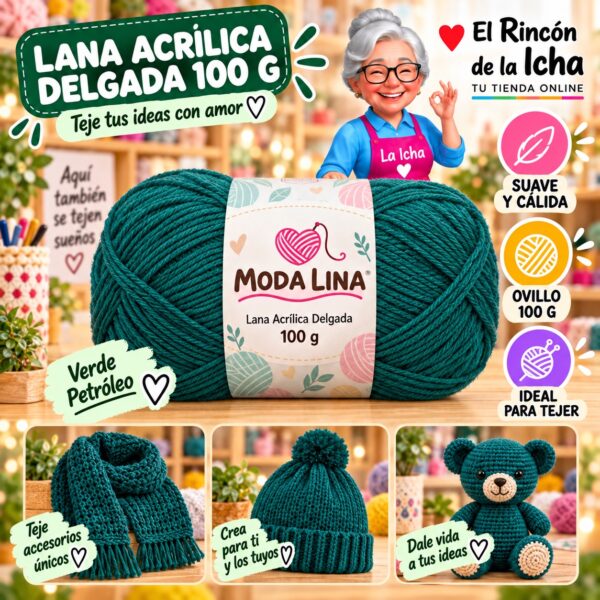 RI-ML-00008 Lana Acrílica Delgada Moda Lina 100 g Verde Petróleo