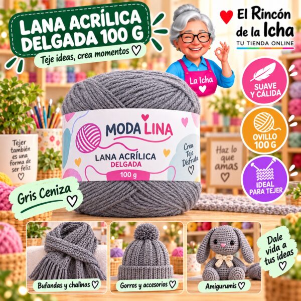 RI-ML-00009 Lana Acrílica Delgada Moda Lina 100 g Gris Ceniza